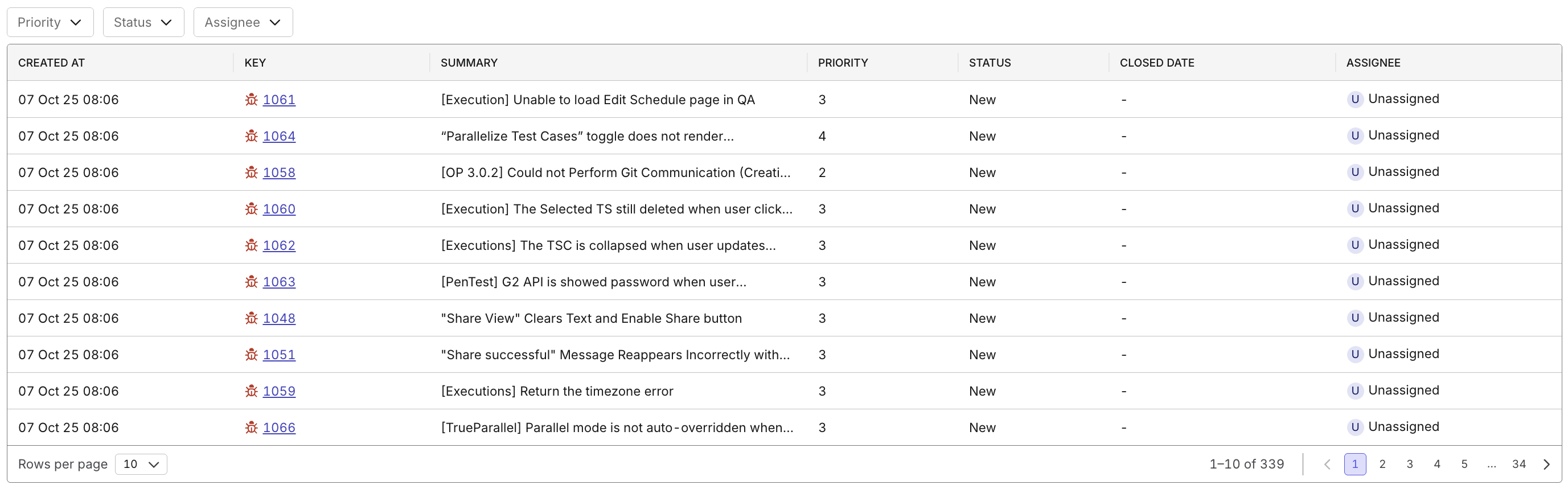 Detailed table view of individual defect records