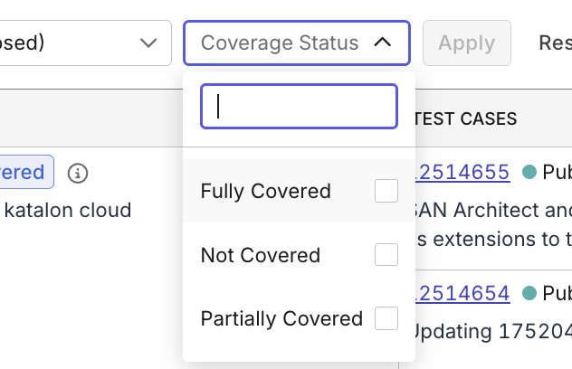 requirement traceability report filter by coverage status