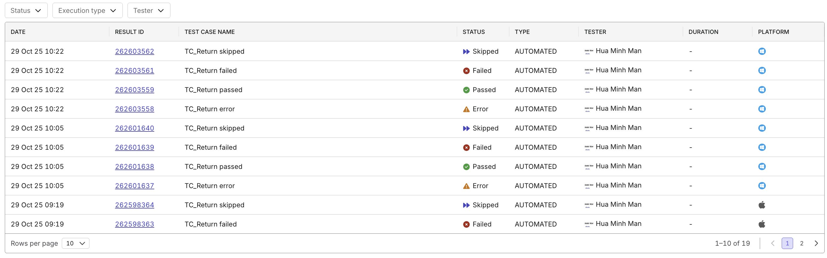 Detailed test case view showing result history and execution status