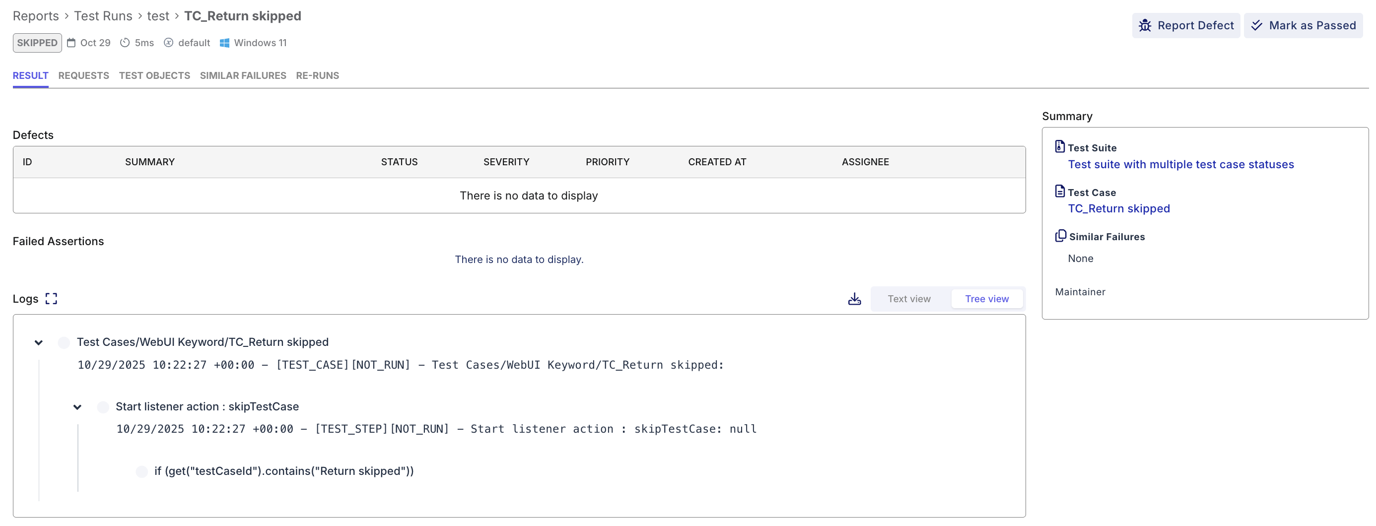 Click through from the report table to detailed test result pages