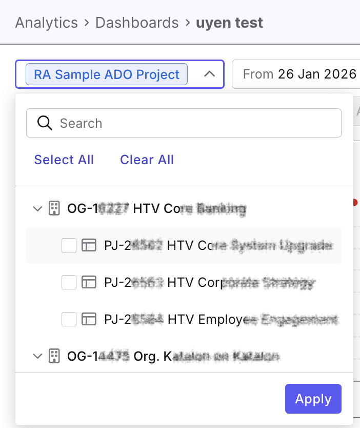 testops custom dashboard select projects