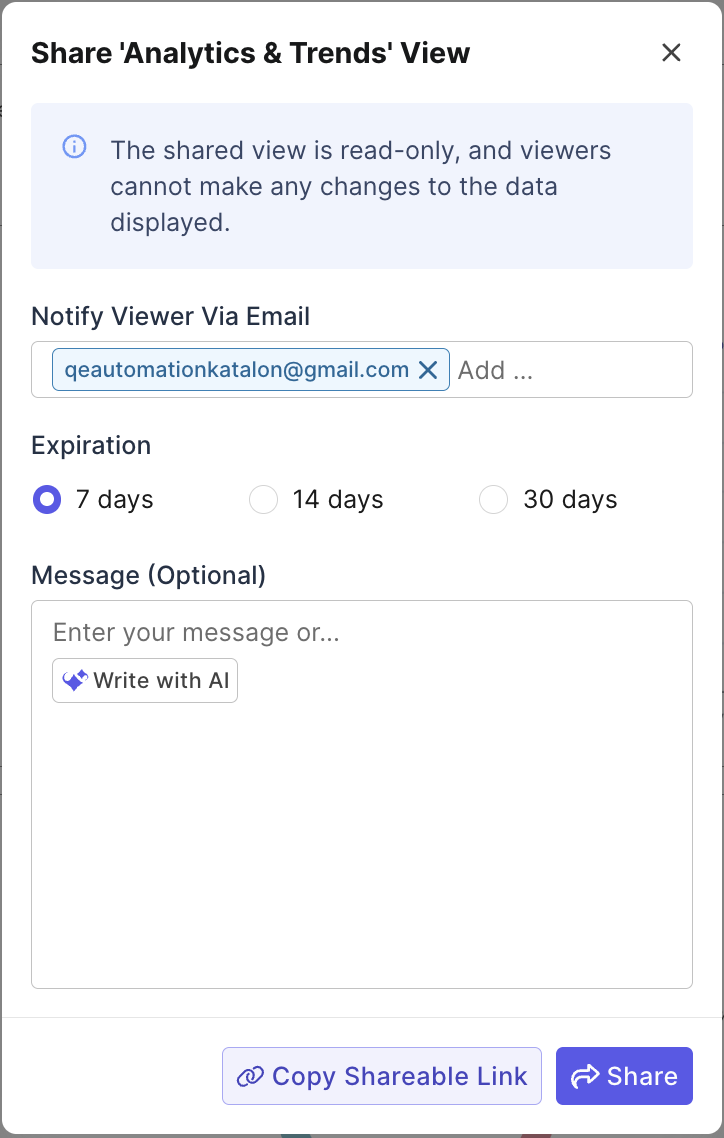 testops reports and analytics sharing board view