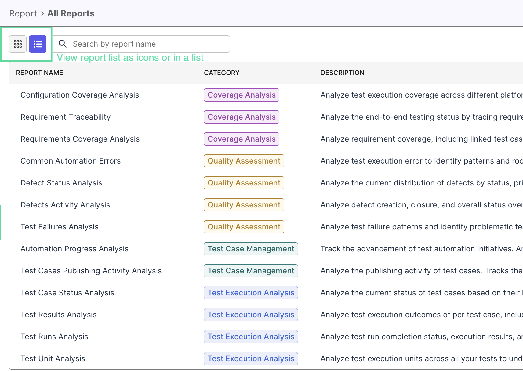 katalon true platform reports and analytics twelve reports selection view