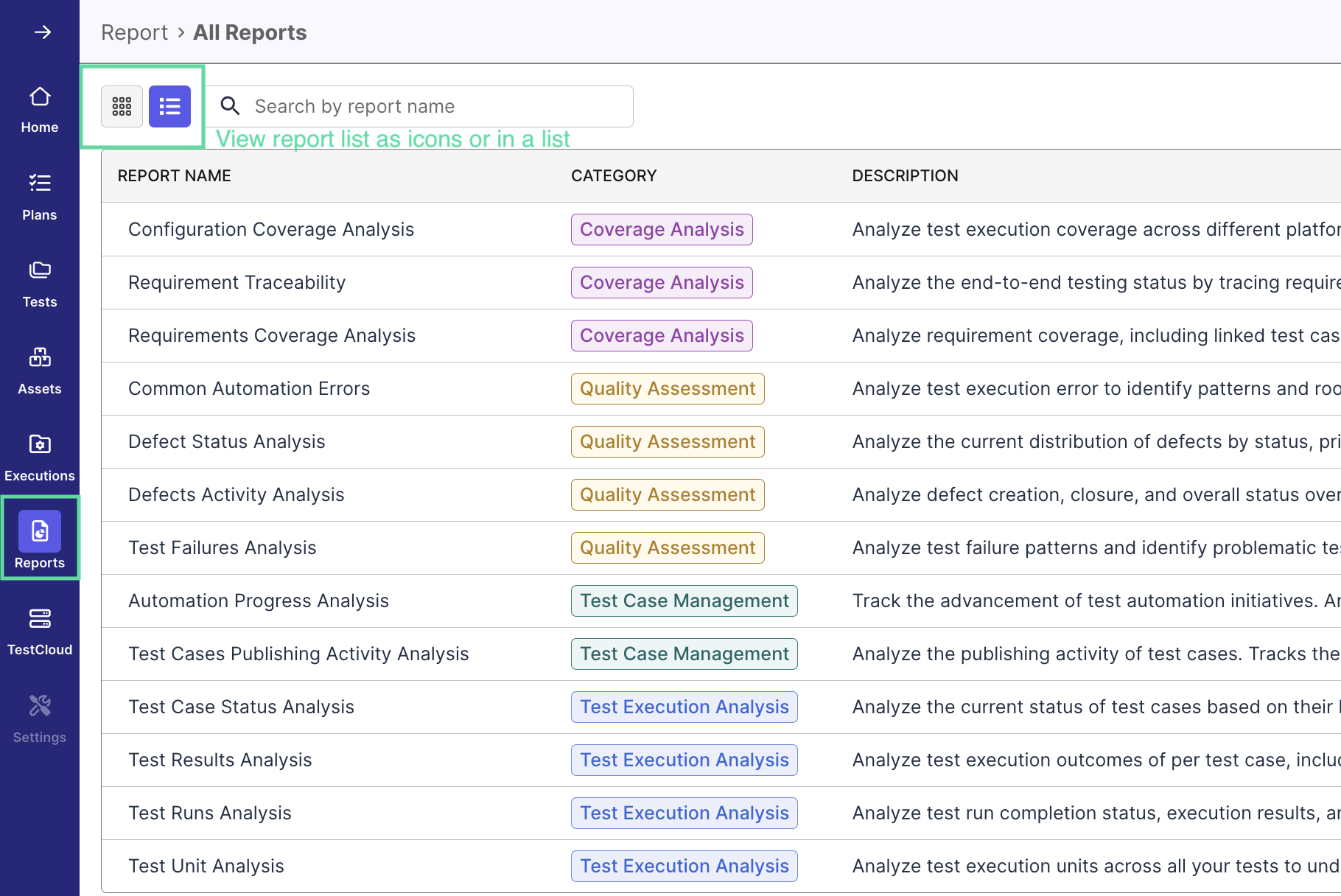 testops reports and analytics twelve reports selection view