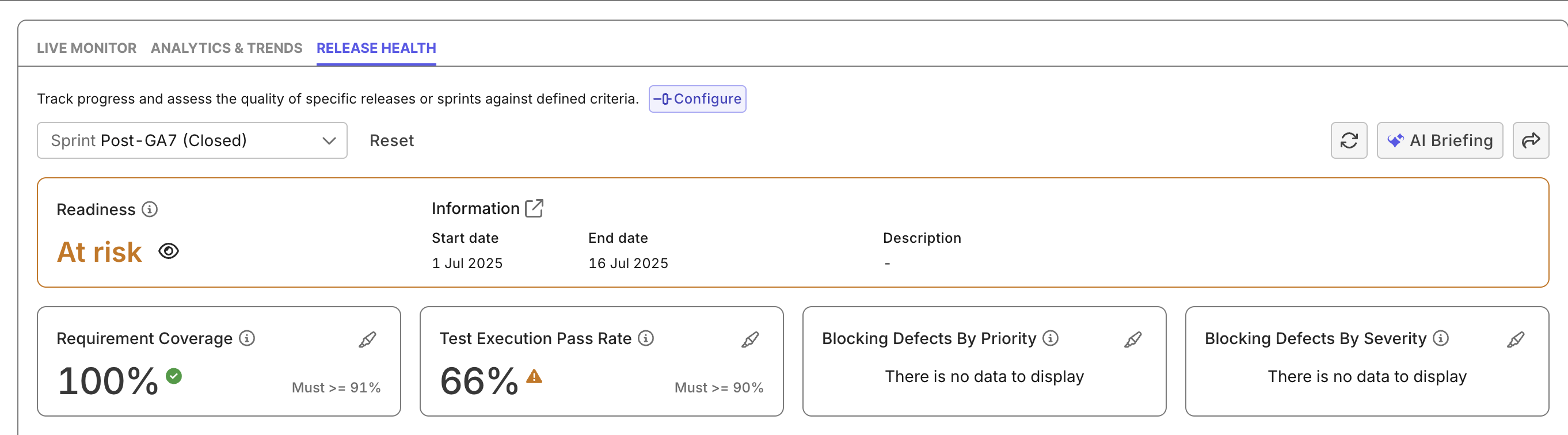 testops release health dashboard metrics