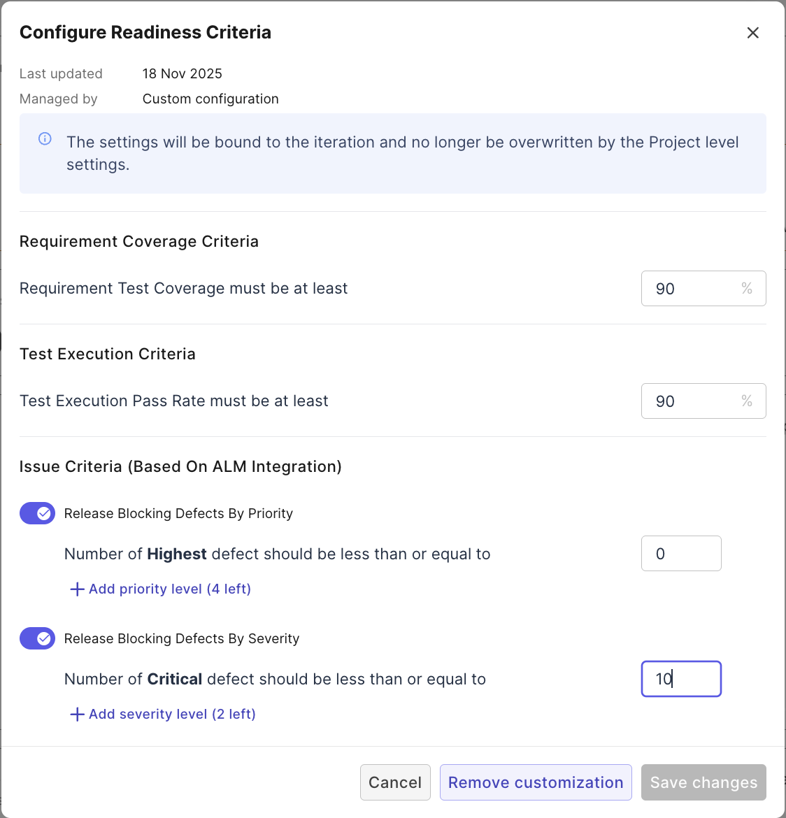 testops release health dashboard configure criteria