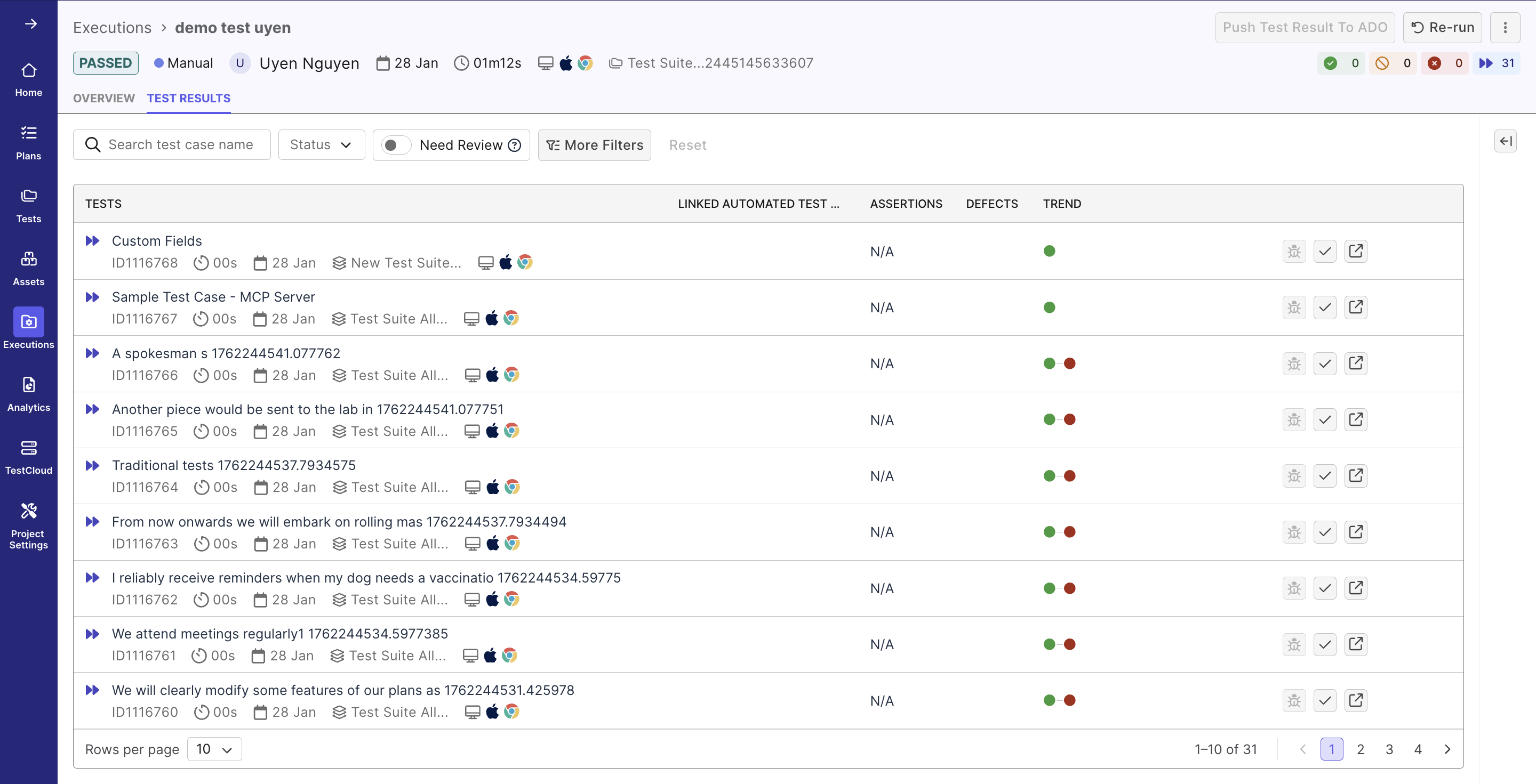testops manual testing test results