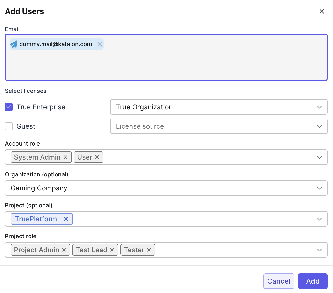 Add user dialog