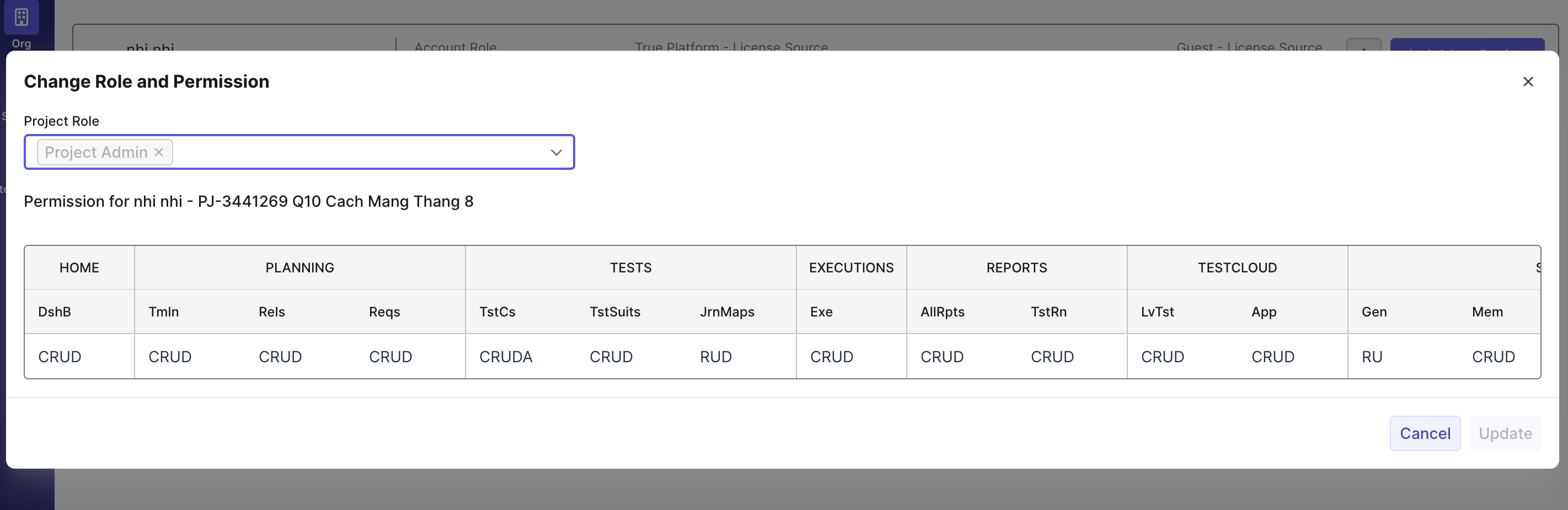 Change roles and permissions dropdown
