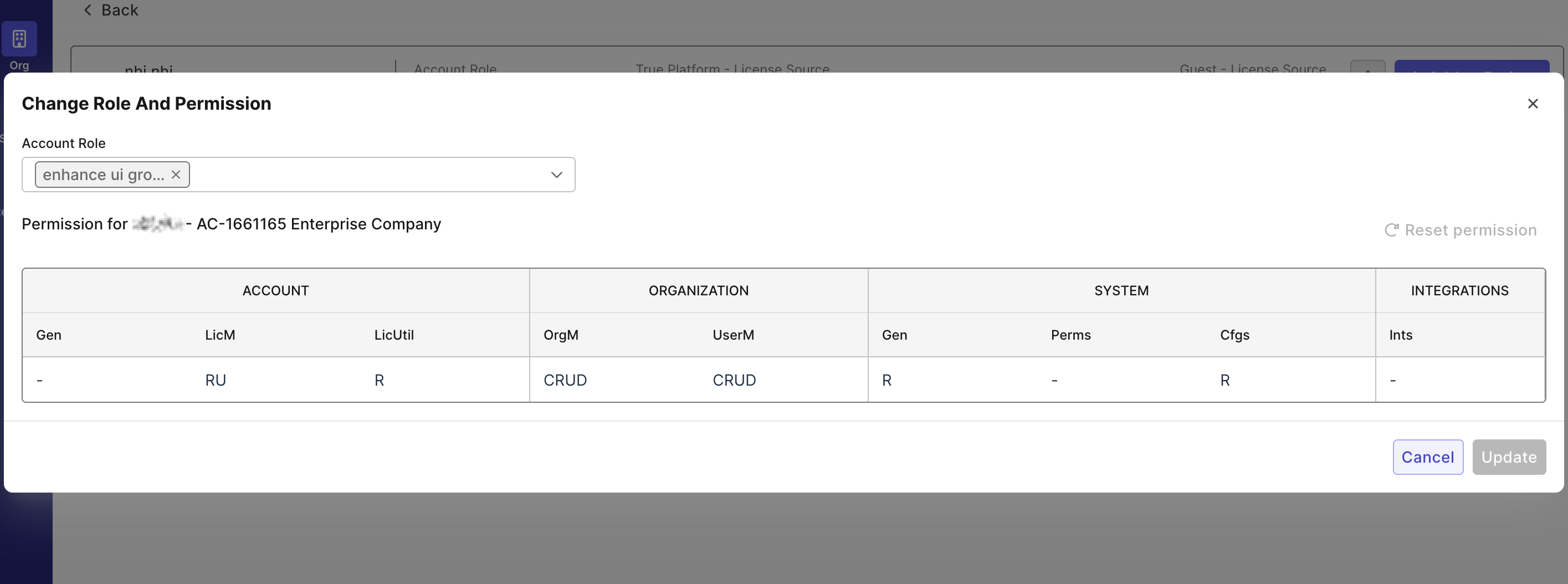 Change roles and permission dropdown