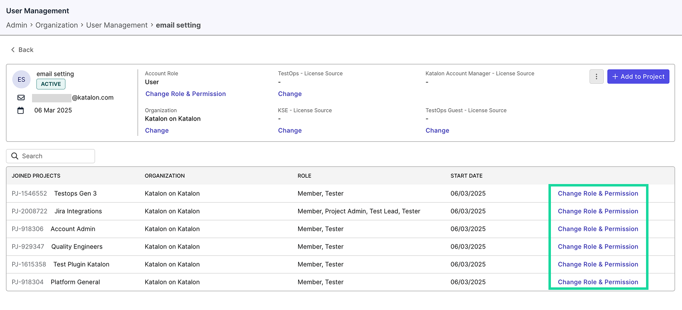 Click change role and permissions project