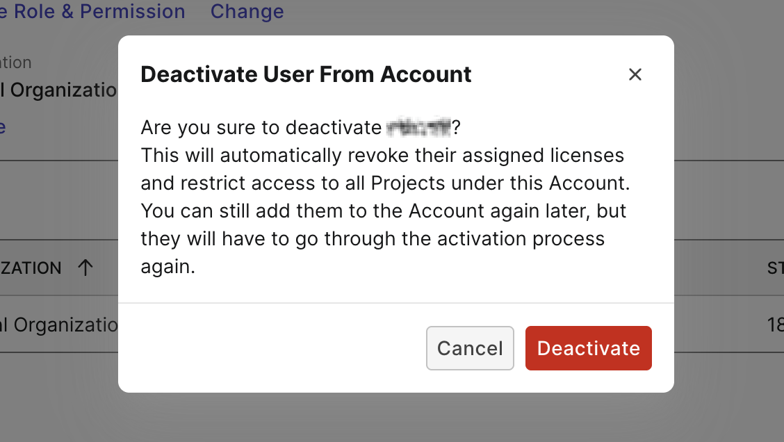 Deactivate a user confirmation