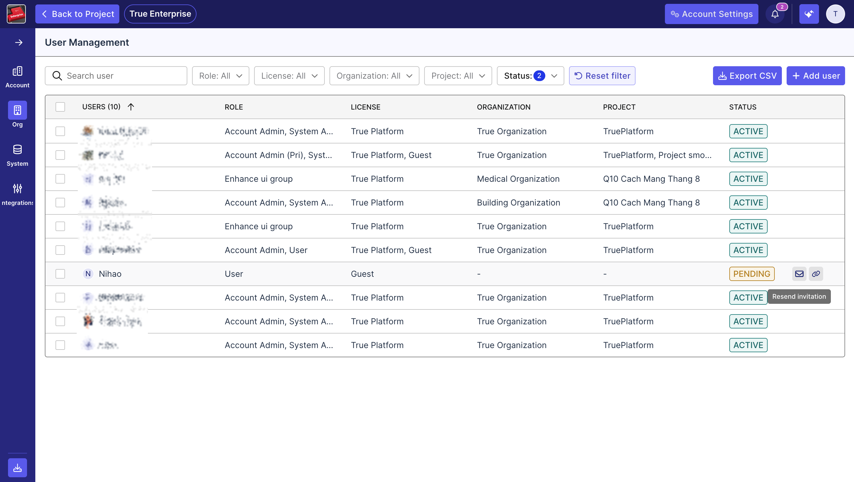 User Management screen