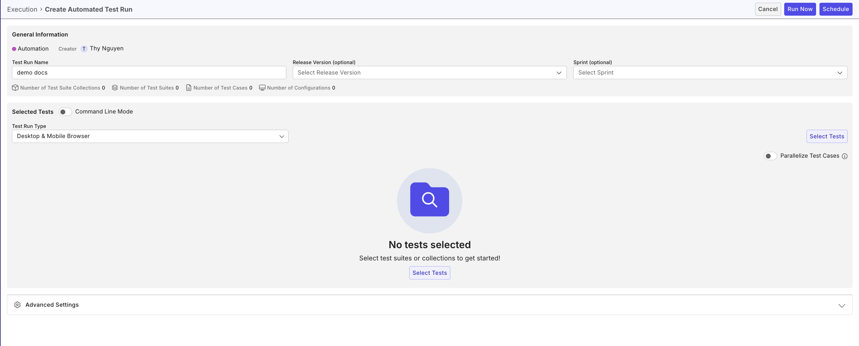 UI mode - Create automated test run