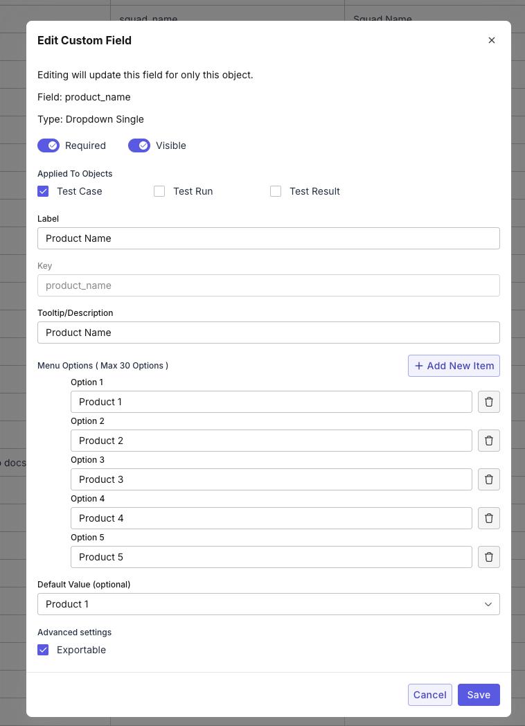 Dropdown Single Field Config