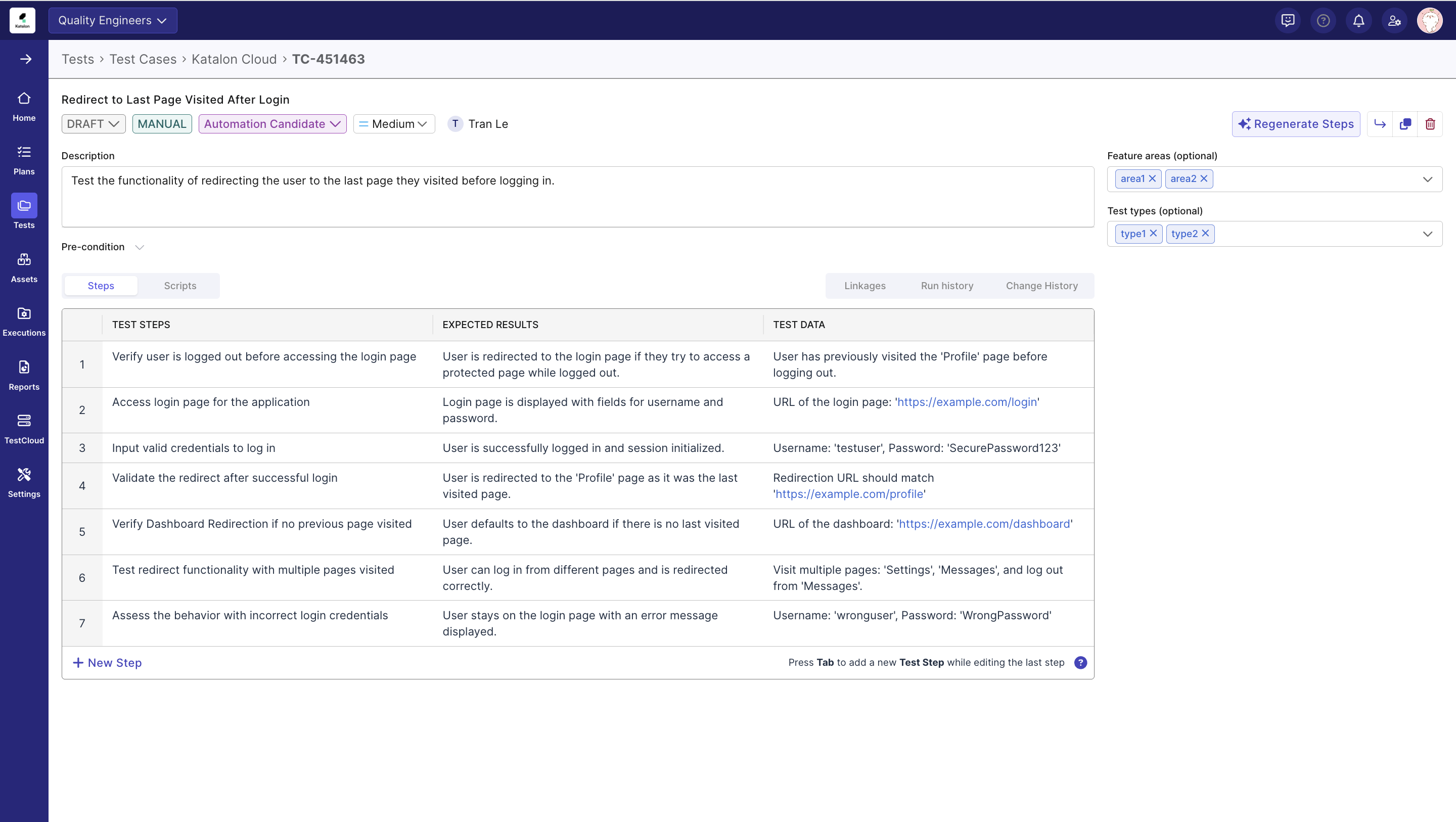 New fields added - Feature areas and test type