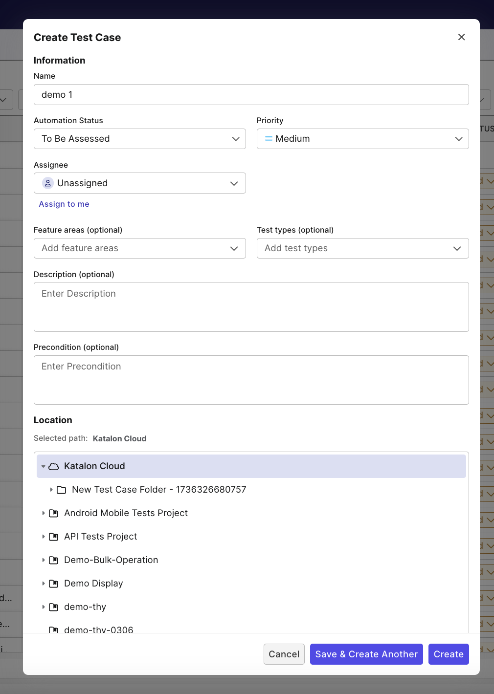 Creat test fields dialog