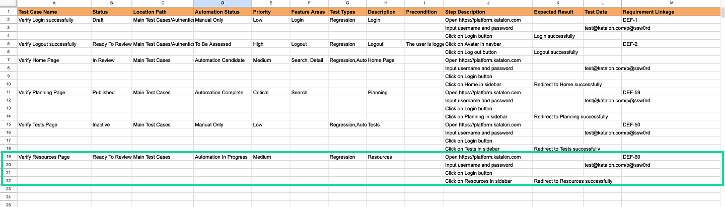 Example Excel sheet