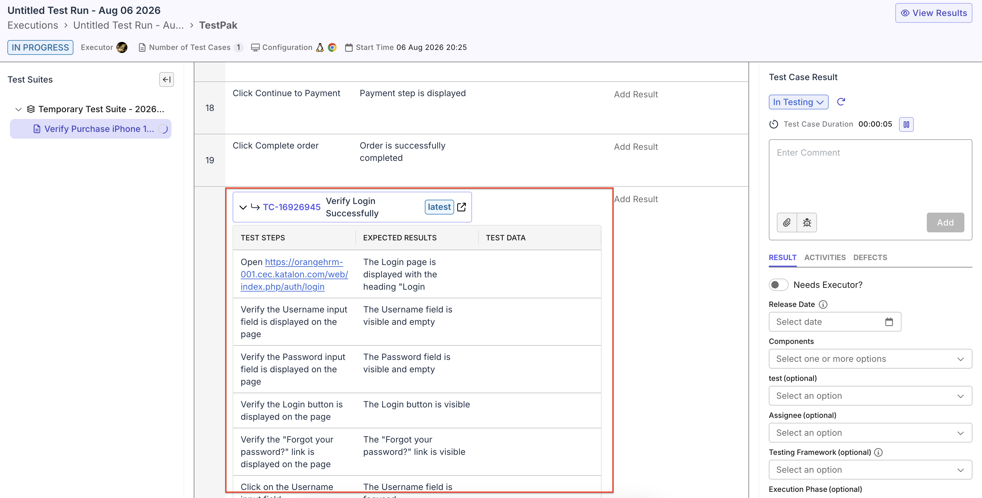 The Verify Login Successfully test case expanded within a manual test run, with its steps displayed below the call step