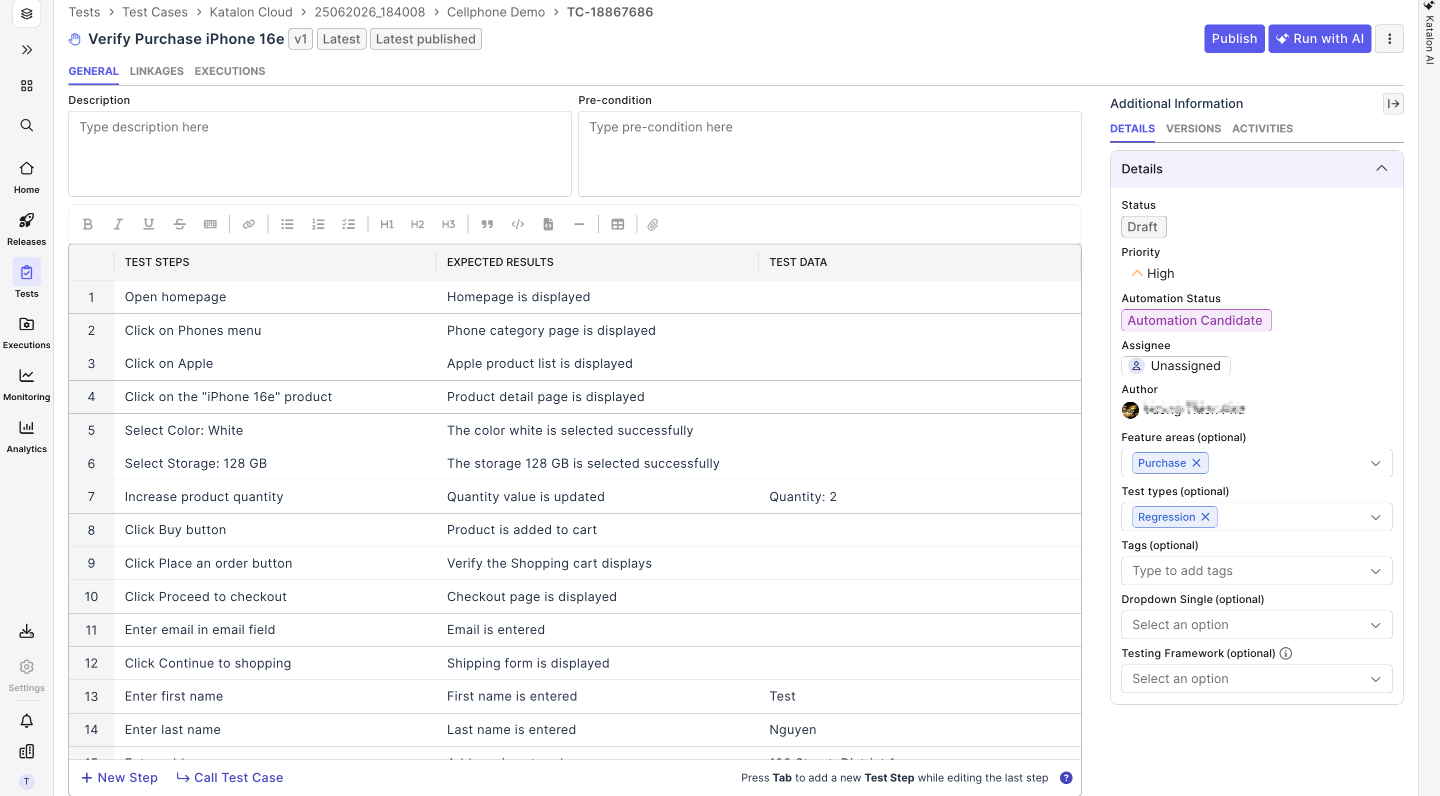 Test case details page