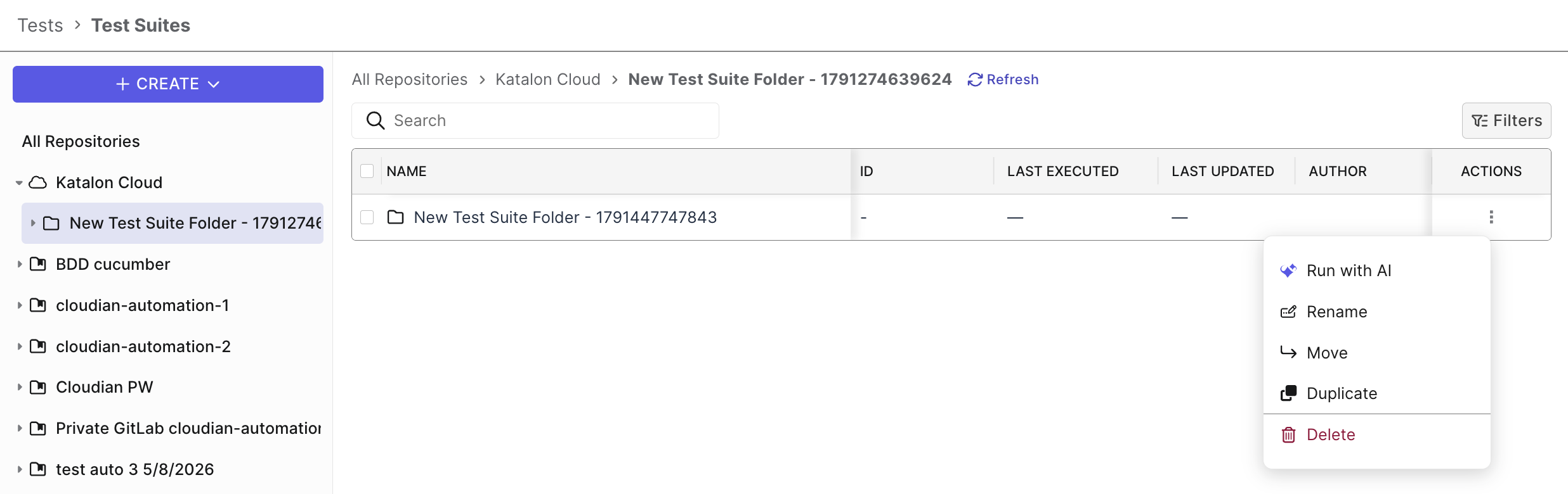 The context menu of a test suite folder with Rename, Move to, Duplicate, and Delete actions