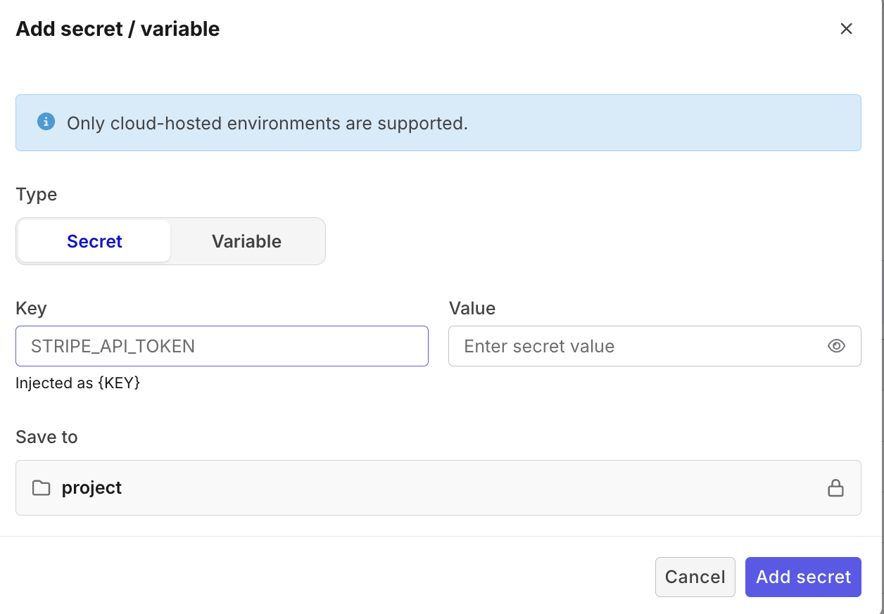 Add a secret or variable dialog