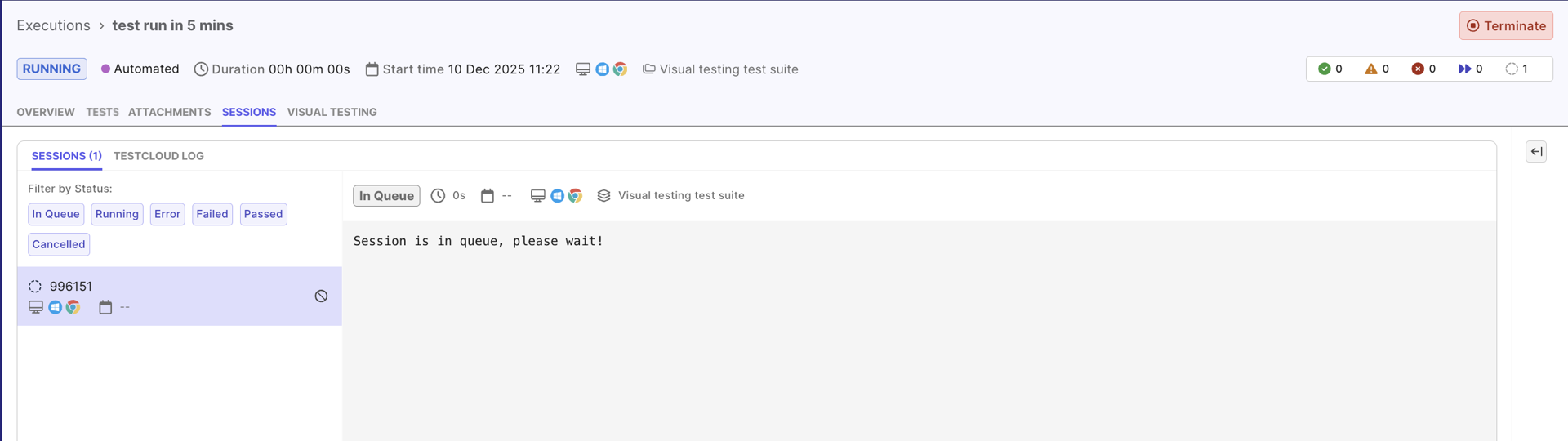 testops test run details sessions tab