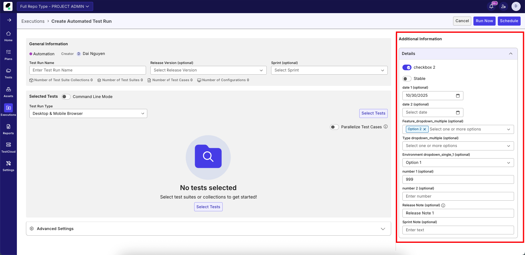 Custom Fields in Execution
