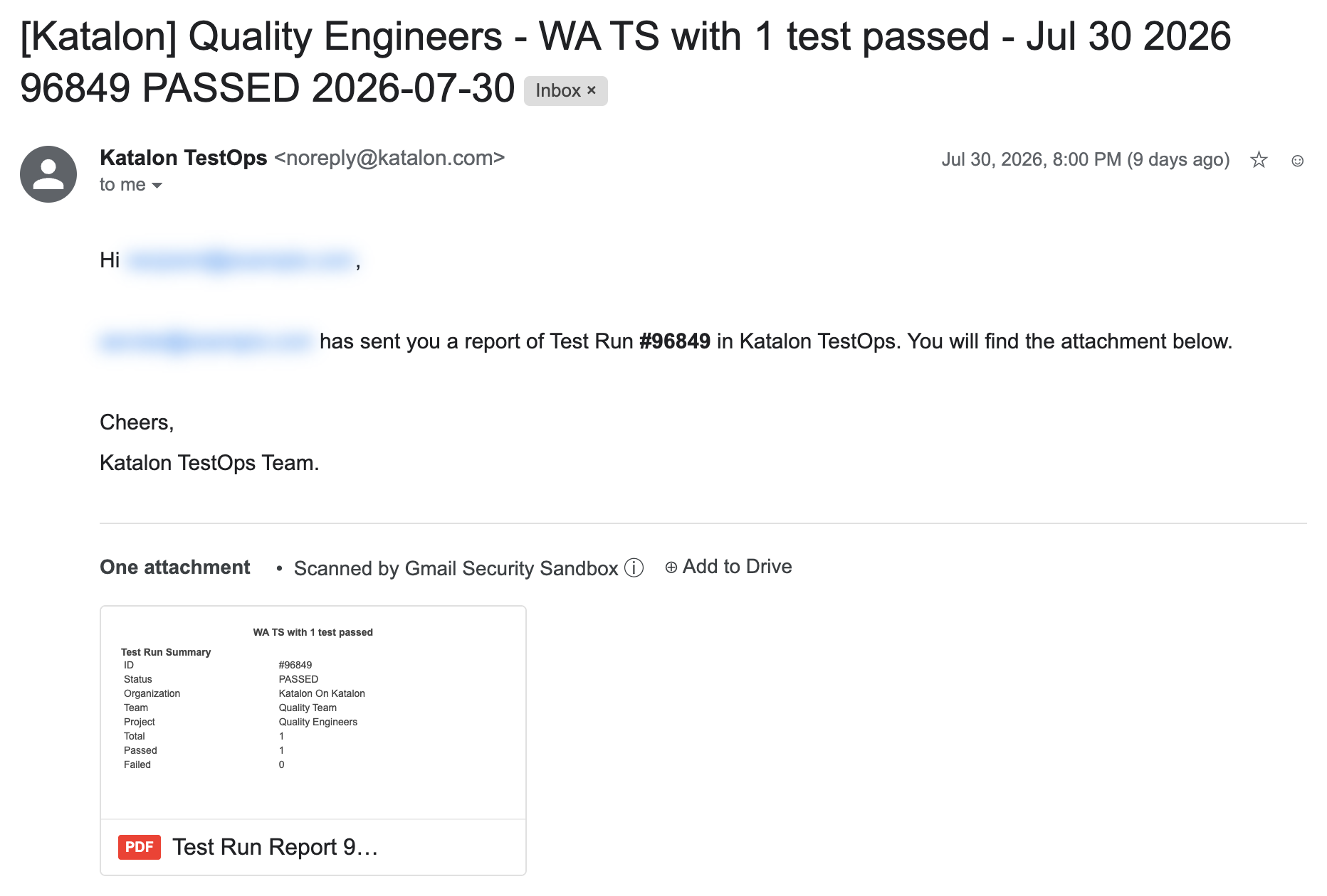 Received email showing the resolved email subject line
