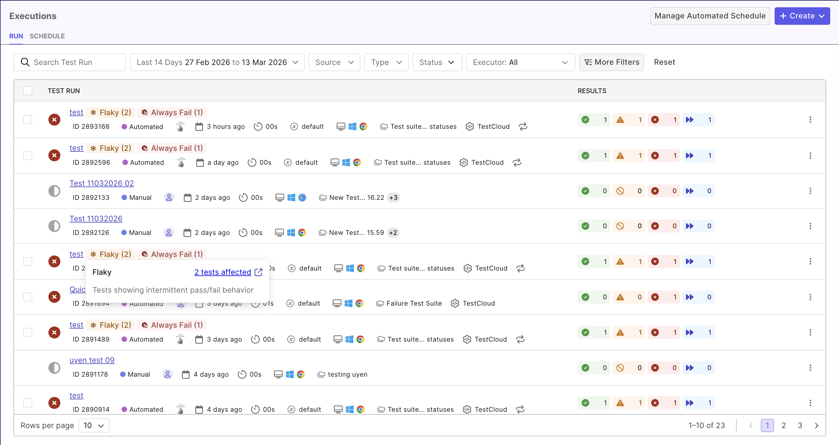 testops test run list with flaky tests