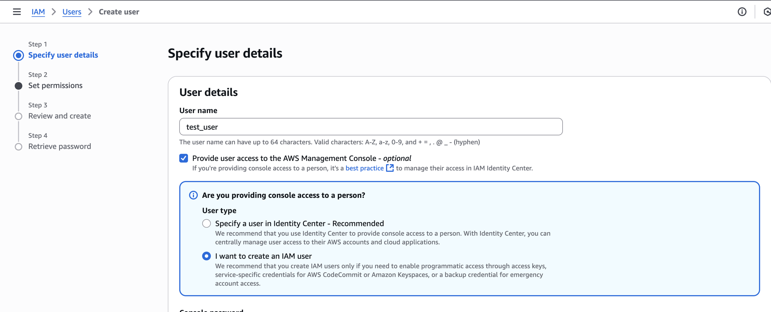 IAM user creation screen in AWS EKS