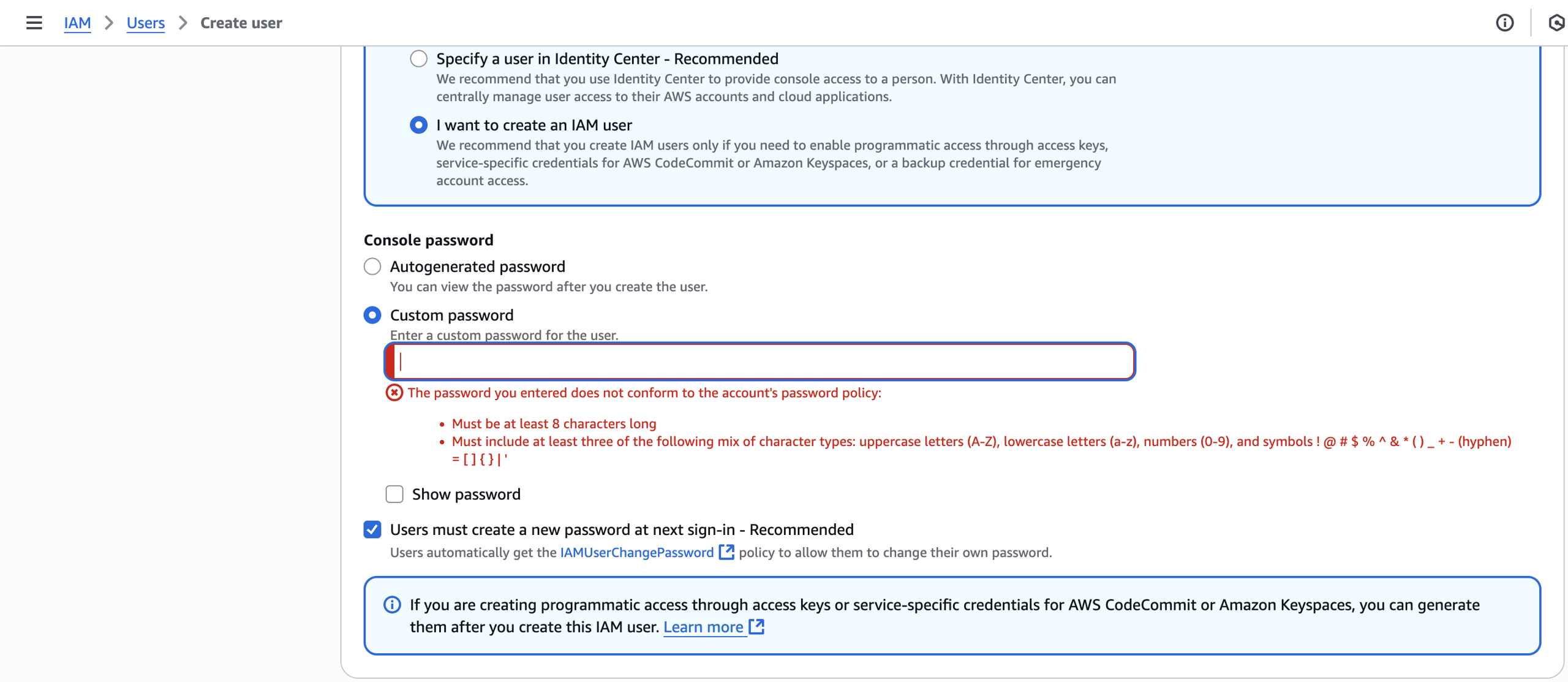 IAM user password creation screen in AWS EKS