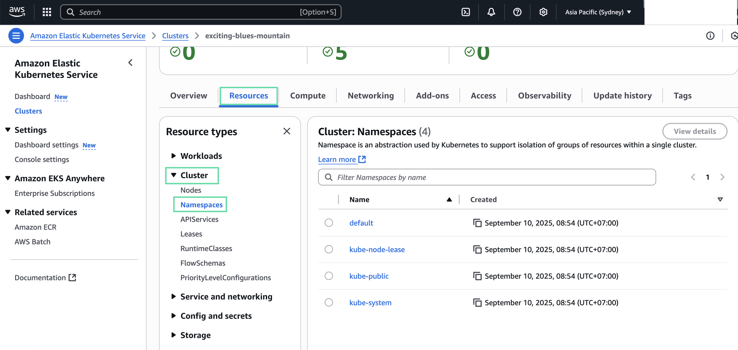 Namespace details from AWS EKS cluster
