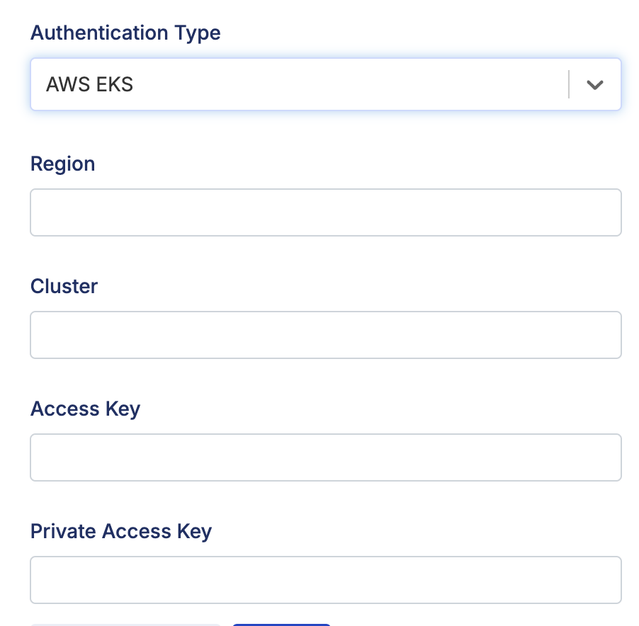 Authentication Type dropdown showing AWS EKS option with fields for region, cluster, and access keys