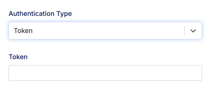 Authentication Type dropdown showing Token option selected