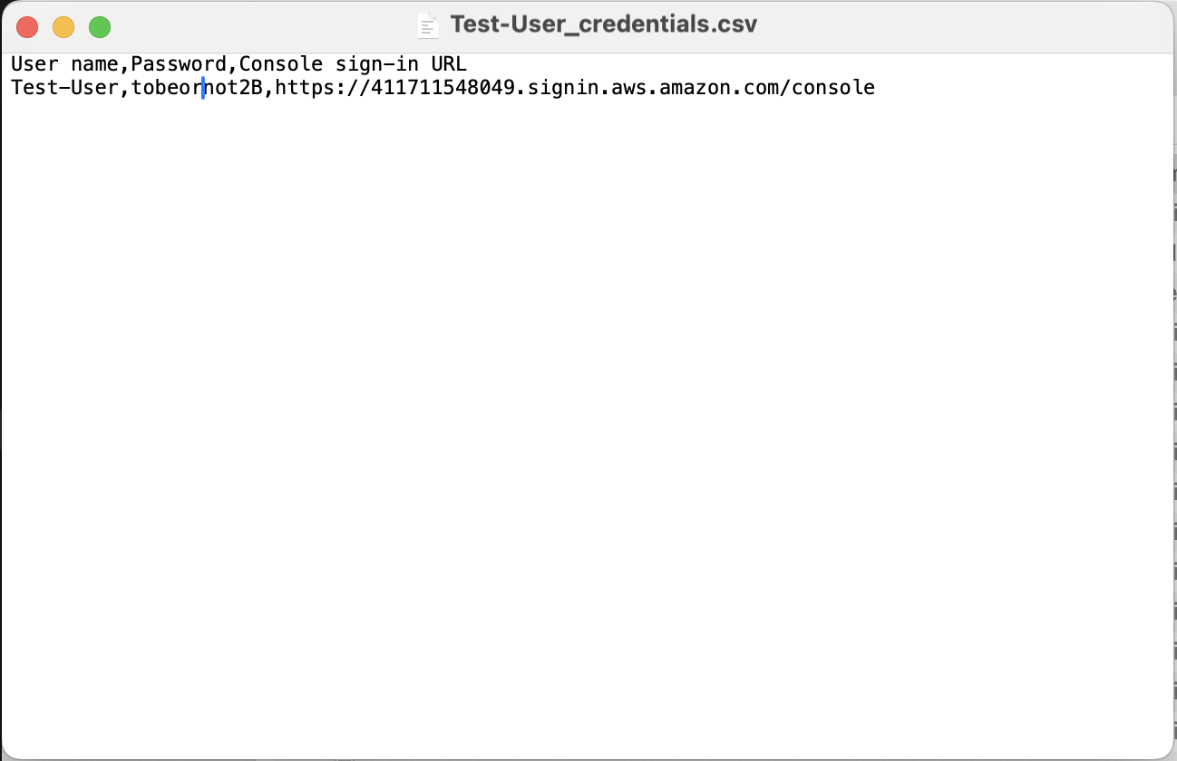 Example of AWS EKS IAM user credentials downloaded as a CSV file