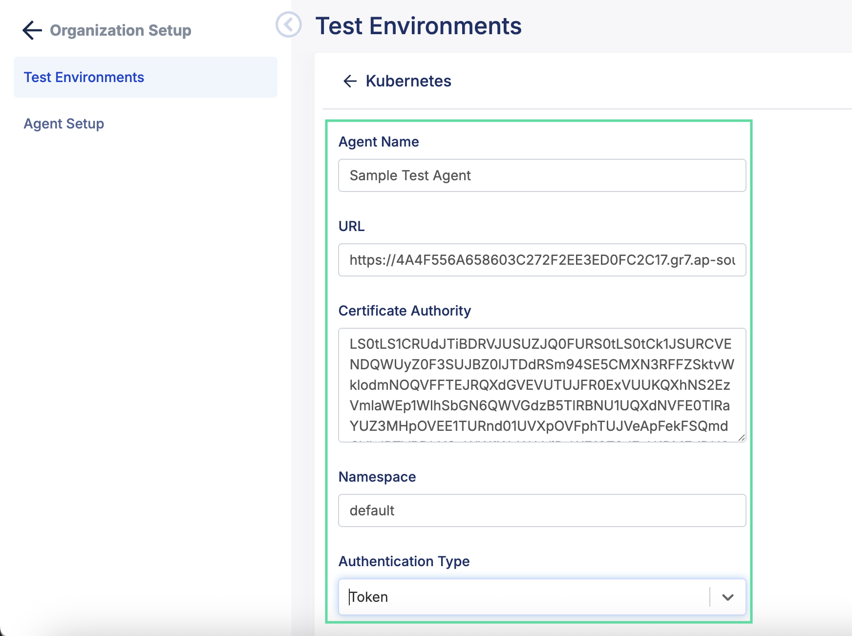 Form fields to configure a Kubernetes Test Environment in TestOps