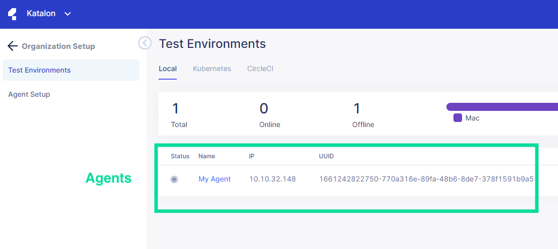 TestOps Test Environments page listing available agents