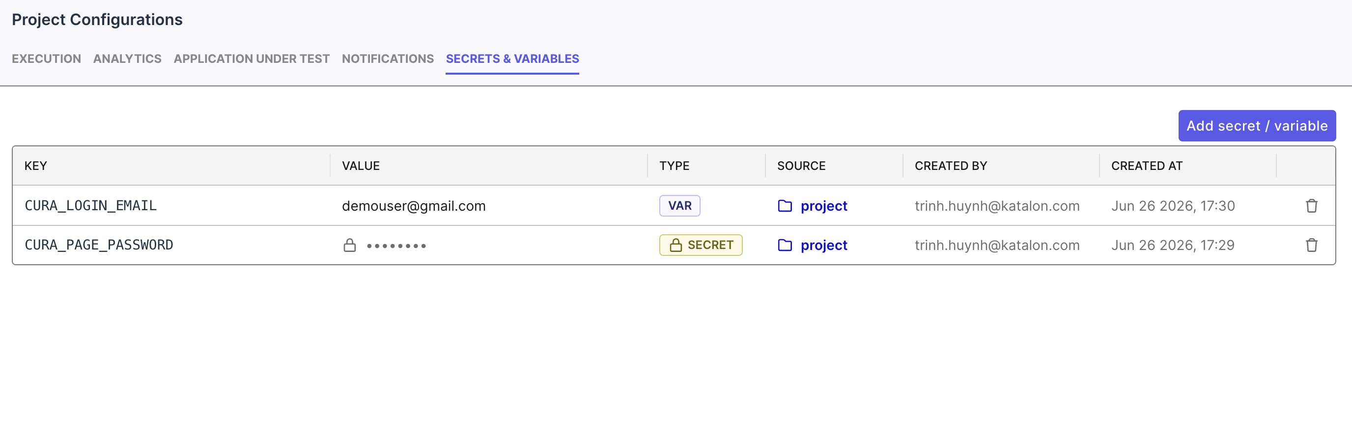 Secrets and Variables tab in project settings