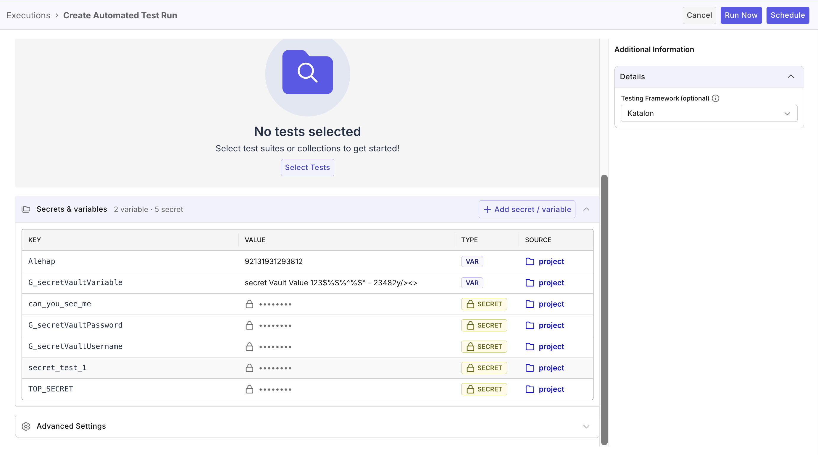 Secrets and Variables section on the test run setup page