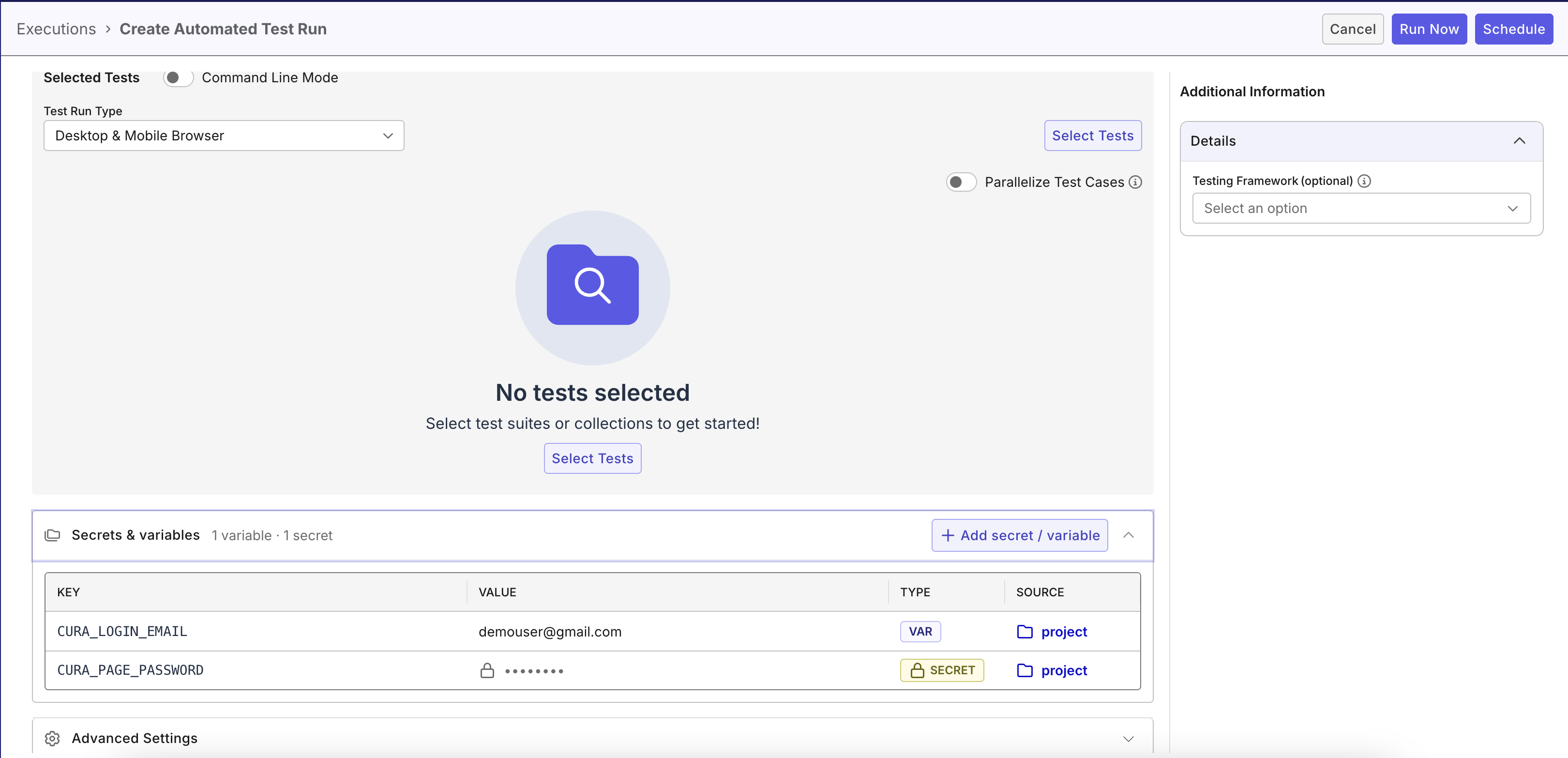 Secrets and Variables section on the test run setup page