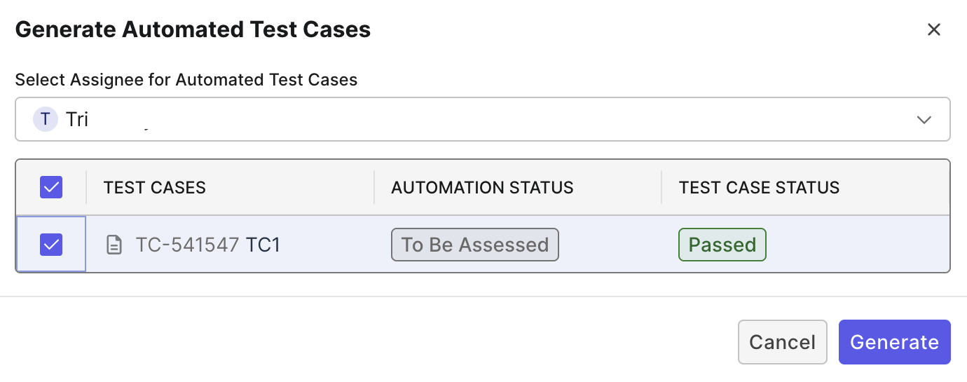 Generate automated test cases dialog