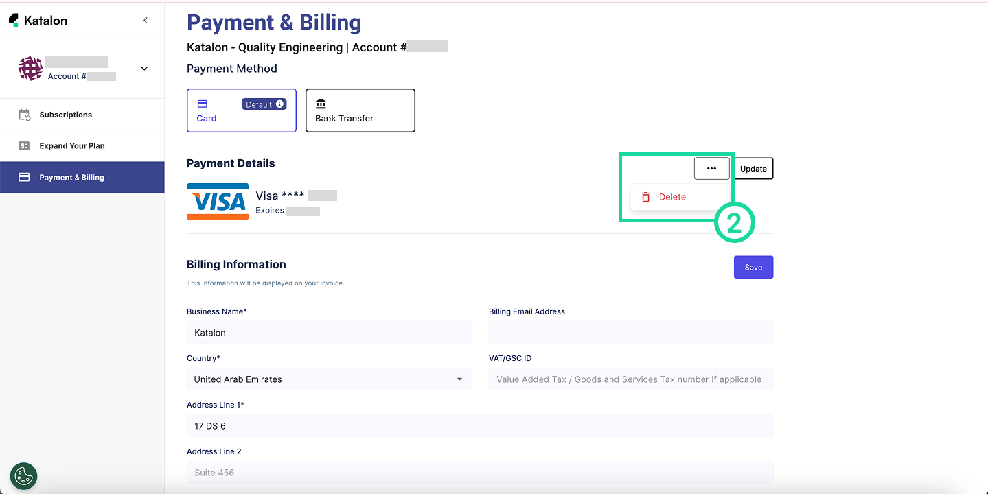 Purchase page delete card