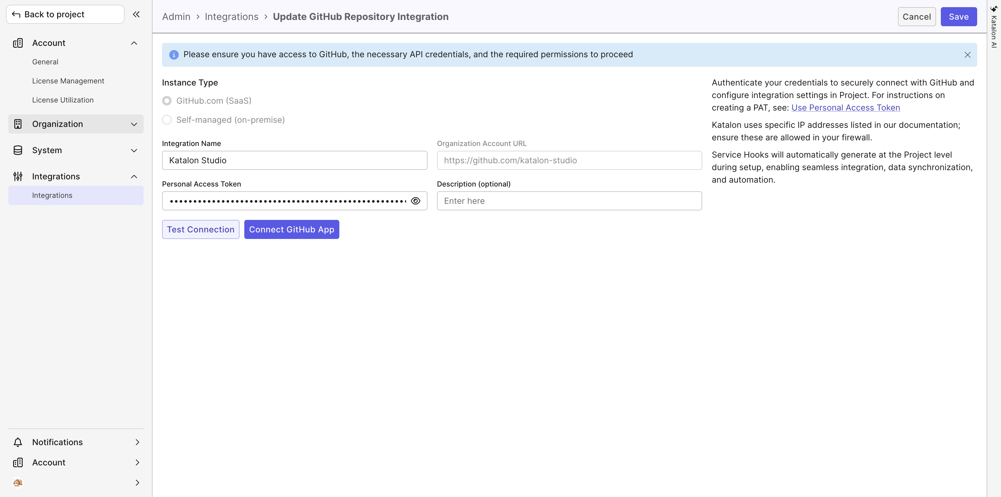 Update GitHub Repository Integration page at account level