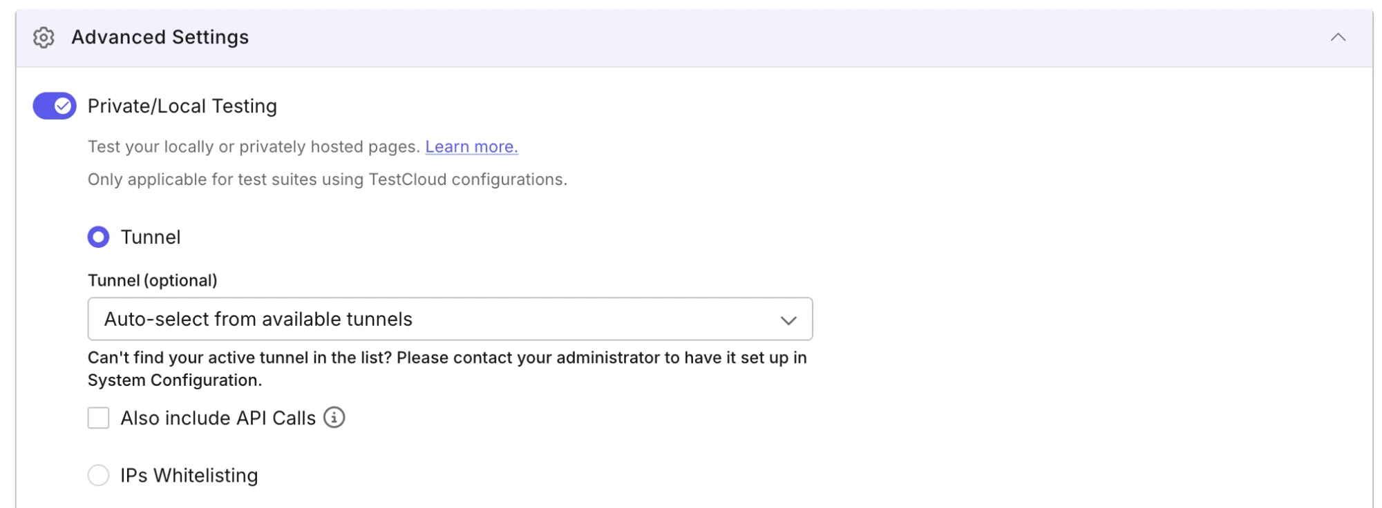 Private/Local Testing enabled in Advanced Settings