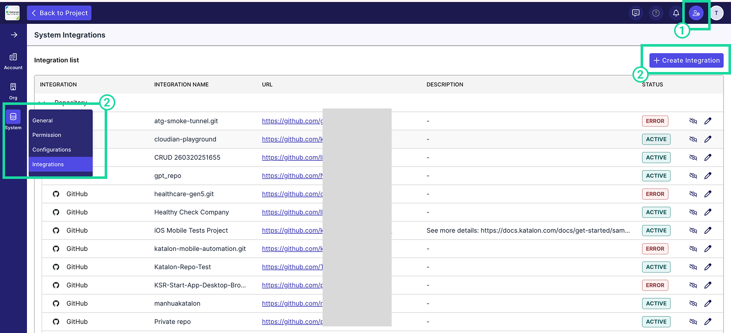 Navigate to TestOps admin integration view
