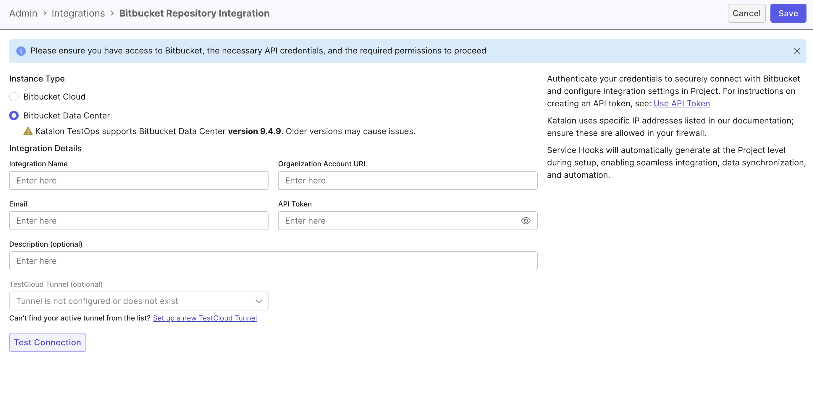 Bitbucket Data Center integration fields