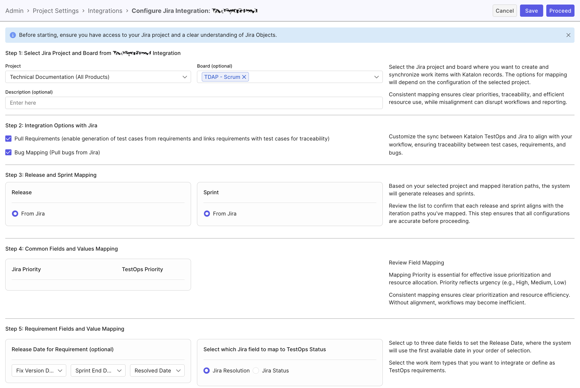 Jira integration settings field at project level
