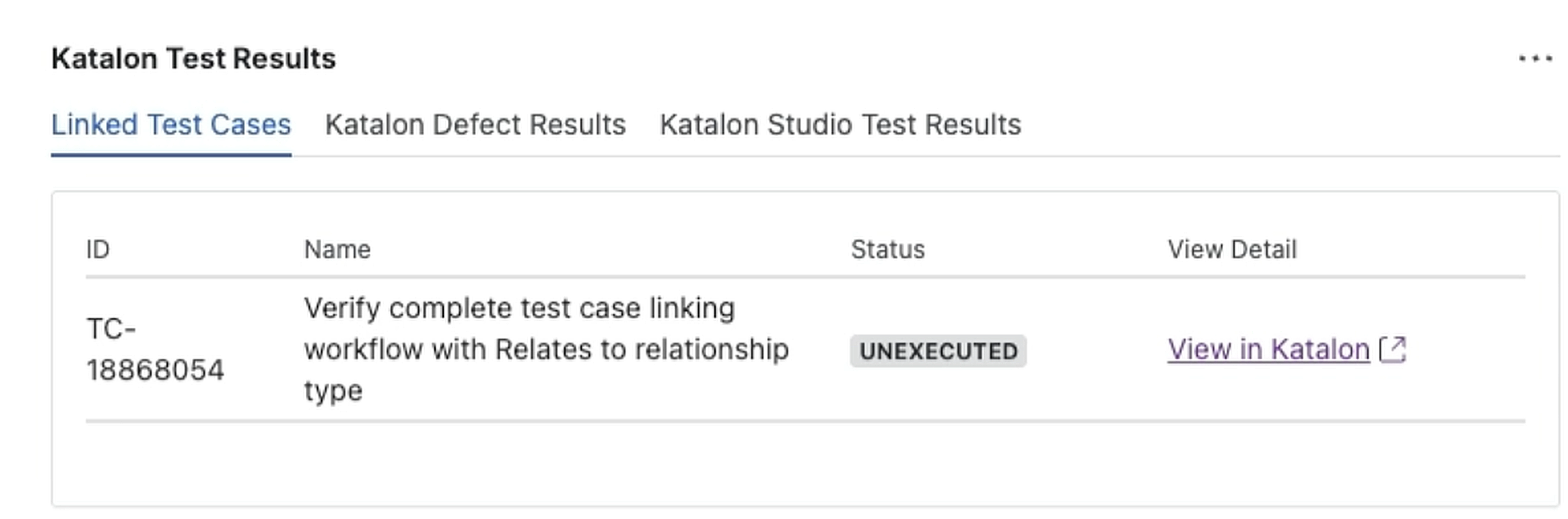 Katalon Test Results panel on a Jira issue