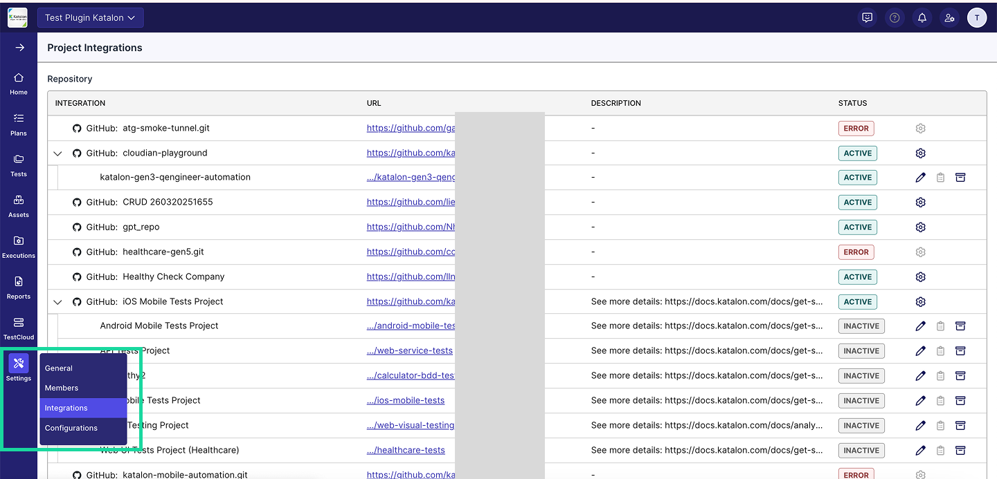 Navigate to TestOps admin integration views